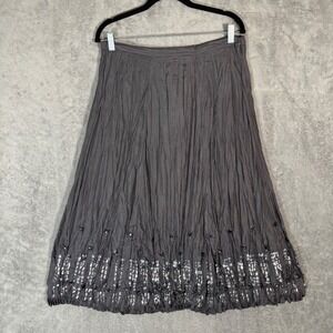Chicos Silk Midi Skirt‎ Size 1 M Charcoal Gray Sequin Beaded Crinkle Boho 6376